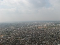 Seen from a mountain overlooking the city. Directly beneath the mountain lies the older city; the newer buildings lay out in the distance. Like all cities, Jaipur grew from inside out.